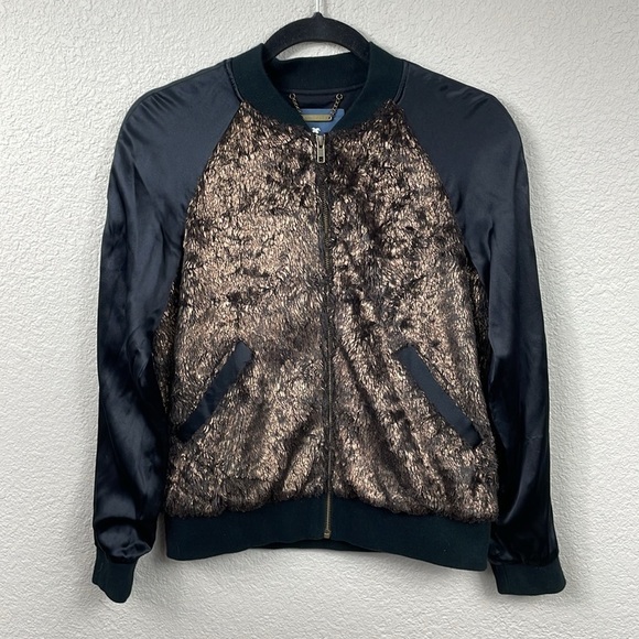 Gryphon New York Faux Fur Baseball Jacket Silk Long Sleeve Gold Black Sz S - Picture 1 of 10